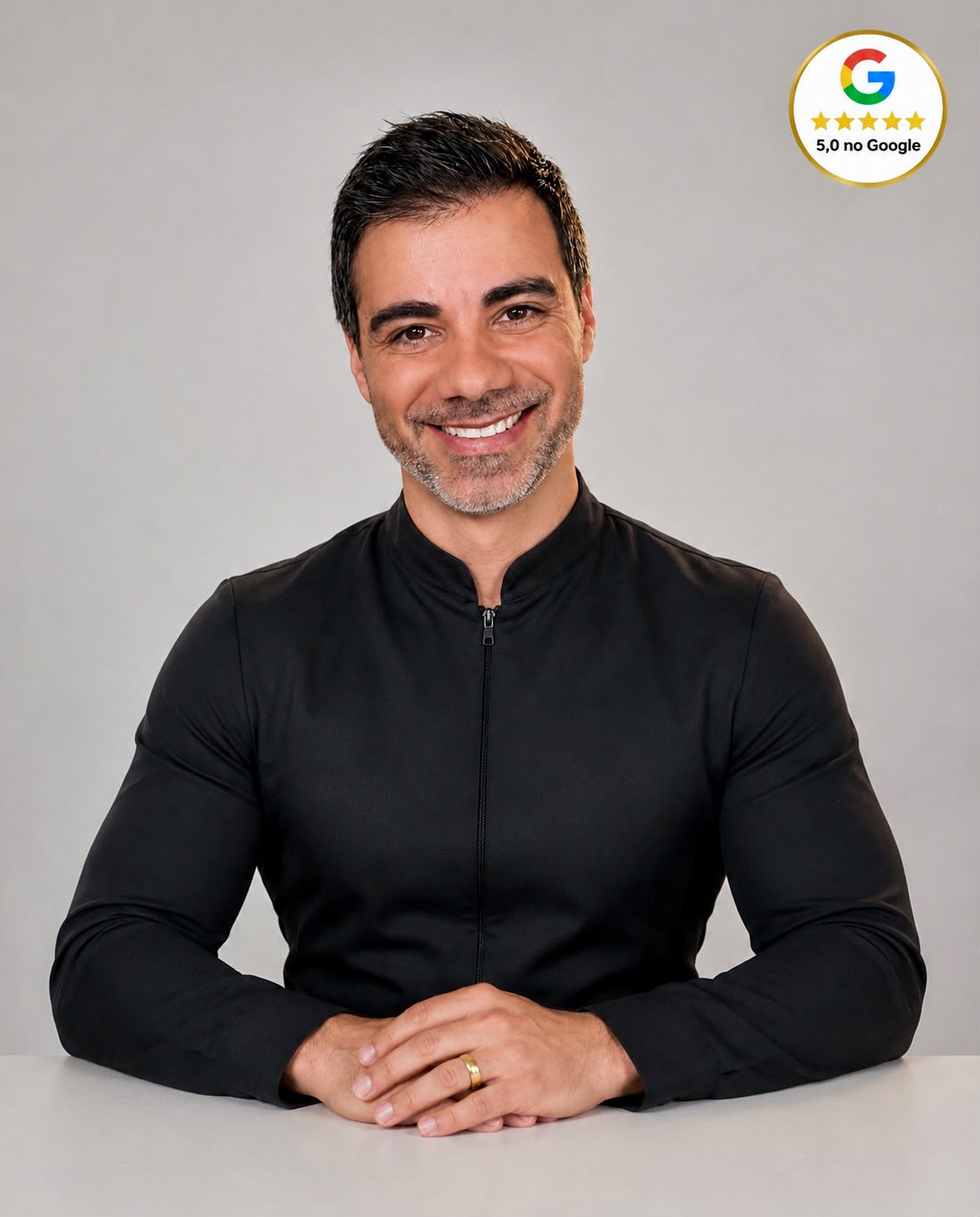 Dr. Ciro Capitani sorrindo em consultório odontológico moderno e claro, vestindo jaleco preto, com selo de avaliação 5 estrelas no Google ao pé da imagem, fotografia profissional realista